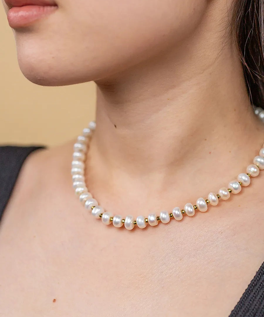 Colier, inox, aur, hipoalergenic, cadou, handmade, realizat manual, bijuterii, perle de cultura, pietre semipretioase, hematite, funda, festiv