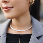 Colier, inox, aur, hipoalergenic, cadou, handmade, realizat manual, bijuterii, perle de cultura, pandantiv, perla baroc, auriu, pietre semipretioase, hematite, , accesorii, handcrafted, statement, lant, lantisor, cadou, asimetrie