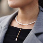 Colier, inox, aur, hipoalergenic, cadou, handmade, realizat manual, bijuterii, perle de cultura, pandantiv, perla baroc, auriu, pietre semipretioase, hematite, , accesorii, handcrafted, statement, lant, lantisor, cadou, asimetrie