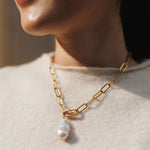 Colier, inox, aur, hipoalergenic, cadou, handmade, realizat manual, bijuterii, perle de cultura, pandantiv, perla baroc, auriu, pietre semipretioase, hematite, , accesorii, handcrafted, statement, lant, lantisor, cadou