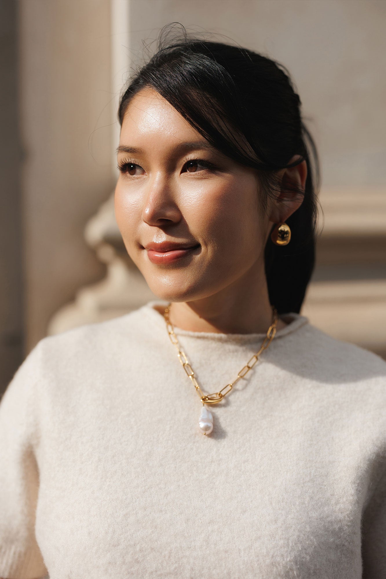 Colier, inox, aur, hipoalergenic, cadou, handmade, realizat manual, bijuterii, perle de cultura, pandantiv, perla baroc, auriu, pietre semipretioase, hematite, , accesorii, handcrafted, statement, lant, lantisor, cadou