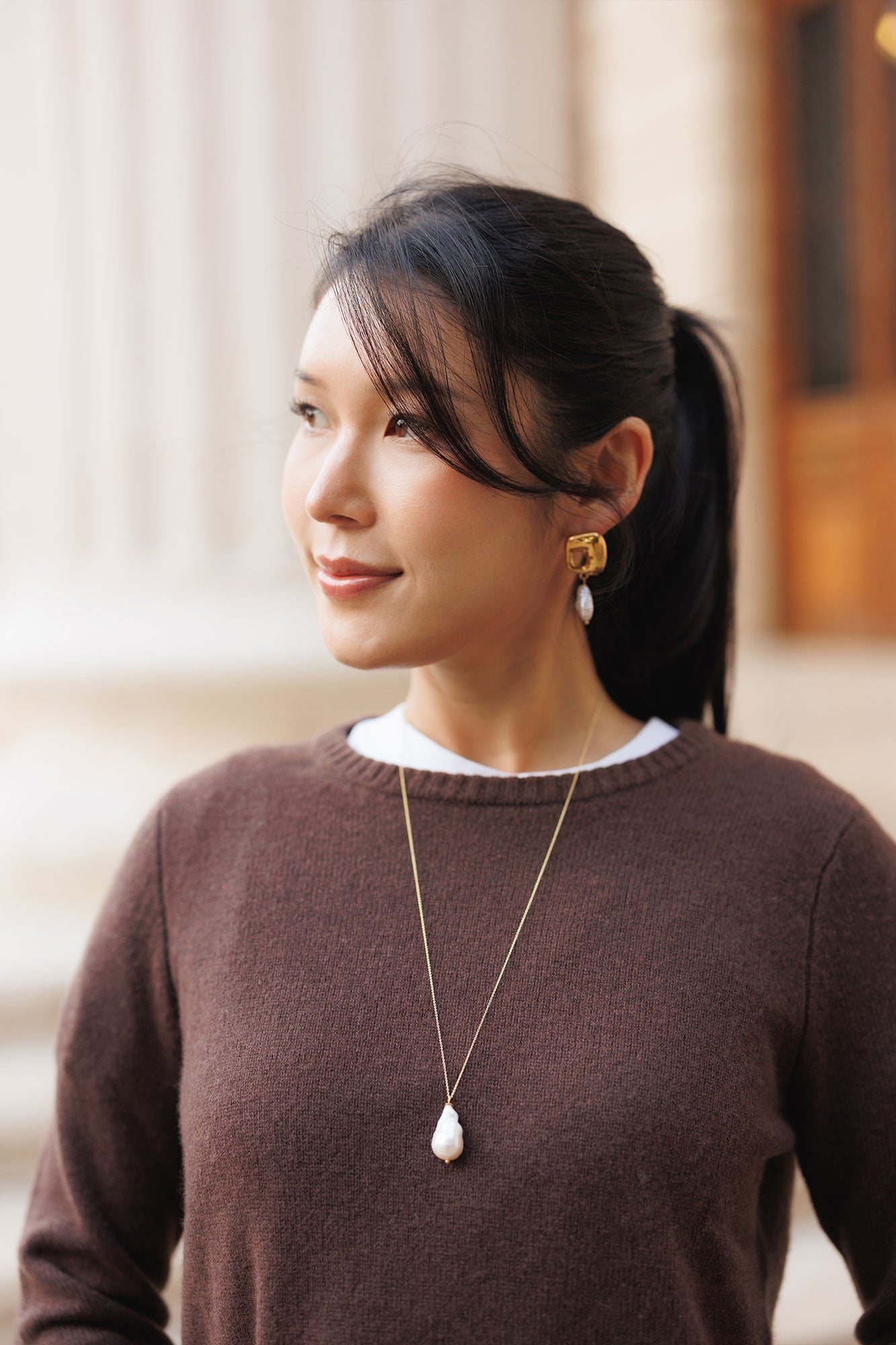 Colier, inox, aur, hipoalergenic, cadou, handmade, realizat manual, bijuterii, perle de cultura, pandantiv, perla baroc, auriu, pietre semipretioase, hematite, , accesorii, handcrafted, statement, lant, lantisor, cadou, argint, aur