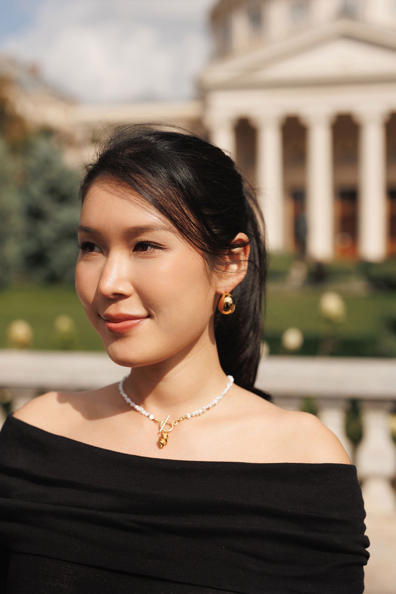 Colier, inox, aur, hipoalergenic, cadou, handmade, realizat manual, bijuterii, perle de cultura, pandantiv, perla baroc, auriu, pietre semipretioase, hematite, , accesorii, handcrafted, statement, lant, lantisor, cadou